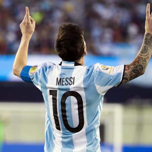 Argentina midfielder Lionel Messi celebrates his goal during the second half of Argentina's 4-1 win over Venezuela in quarter-final play in the 2016 Copa America Centenario soccer tournament at Gillette Stadium, in Foxborough, on June 18, 2016. Photo: USA Today Sports via Reuters